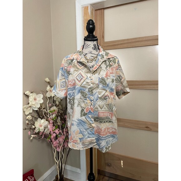 Alfred Dunner Vintage Button Up Shirt Tropical Print Shoulder Pads sz 14P - Picture 1 of 7